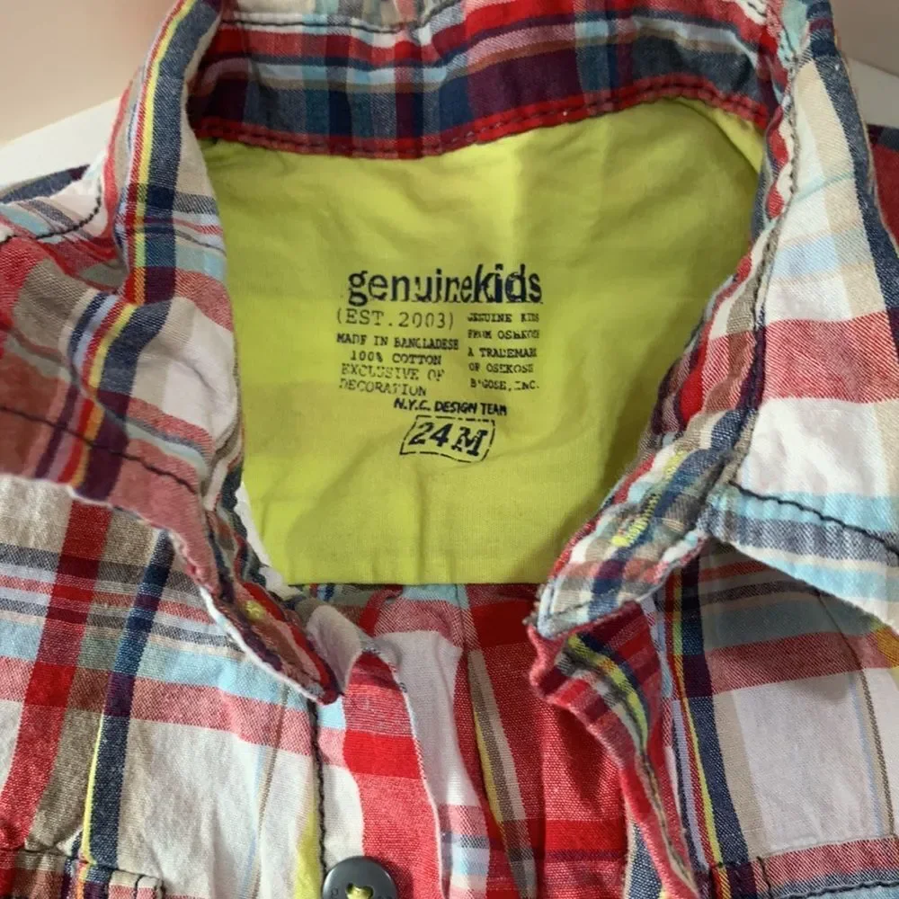 GENUINE KIDS OshKosh Baby Boys Red White Plaid Button Down Dress Shirt 24M